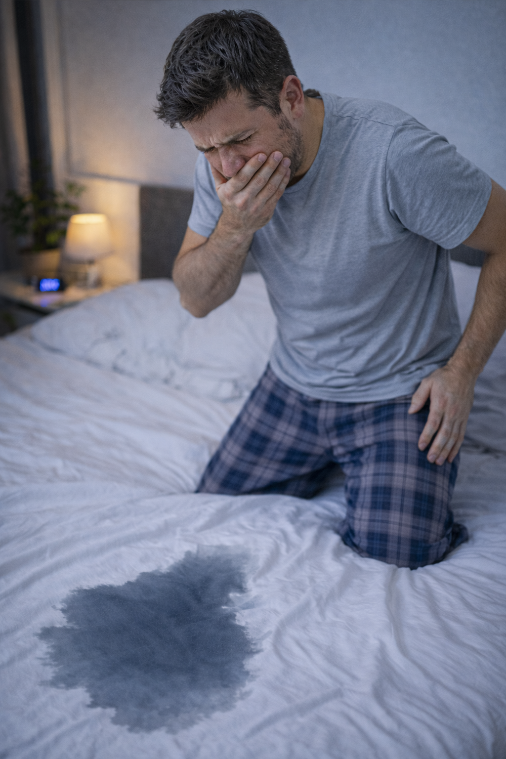 성인 남성이 야뇨증으로 침대에 소변 실수를 한 모습