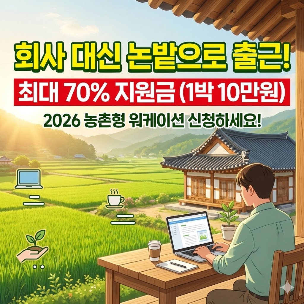 2026년 농촌형 워케이션(농촌관계인구 지원) 신청 자격, 1인당 최대 10만원 지원 내용, 권역별 인기 센터 및 그린대로 포털을 통한 4단계 신청 절차를 요약한 정보성 인포그래픽 이미지