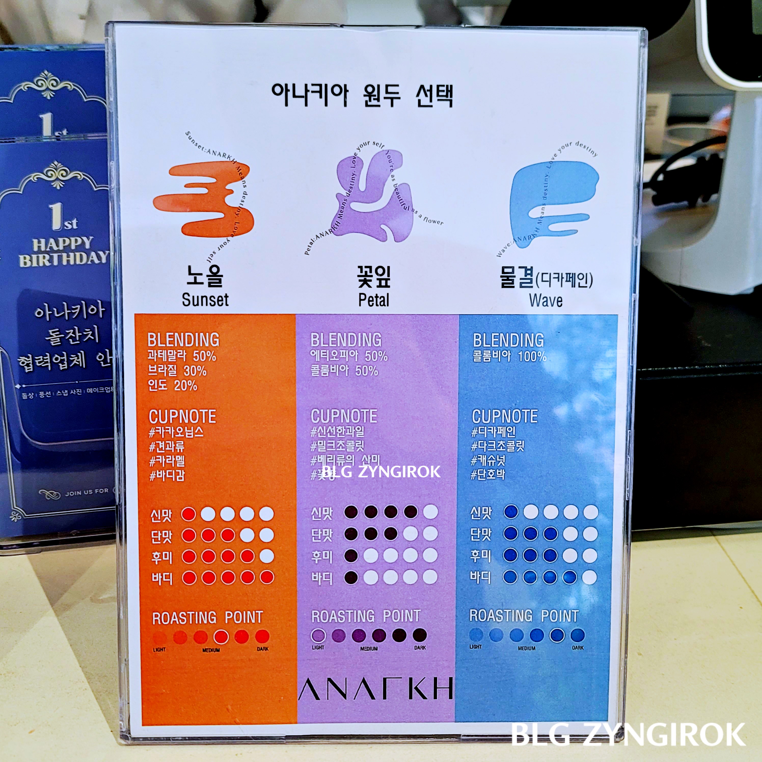 아나키아 원두 선택표 모습이다.