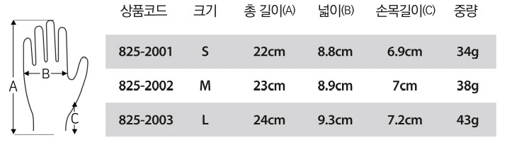 NBR폼 마이크로 그립 장갑 사이즈표