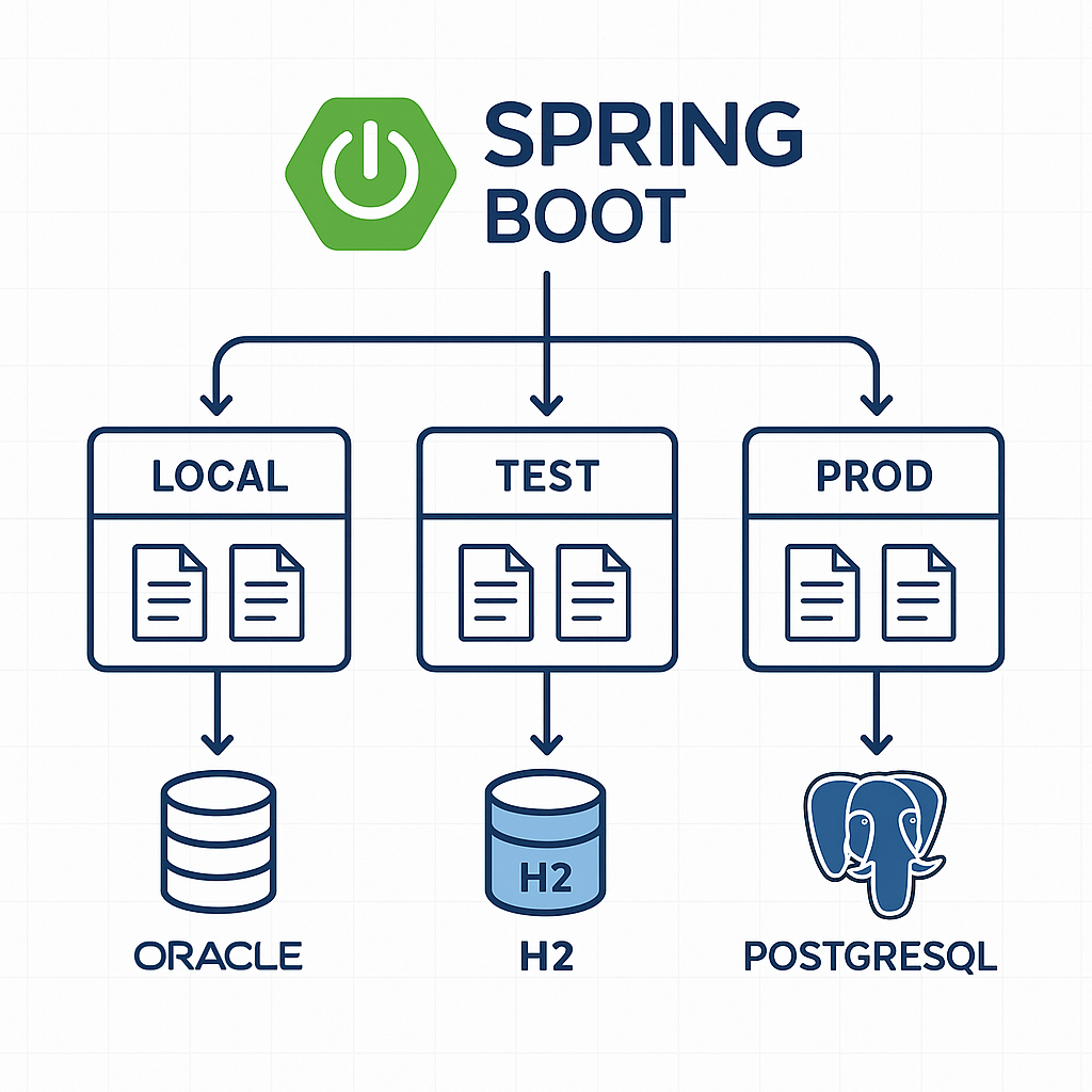 Spring Boot multi-environment profile architecture diagram showing local, test, and production configurations with different database connections