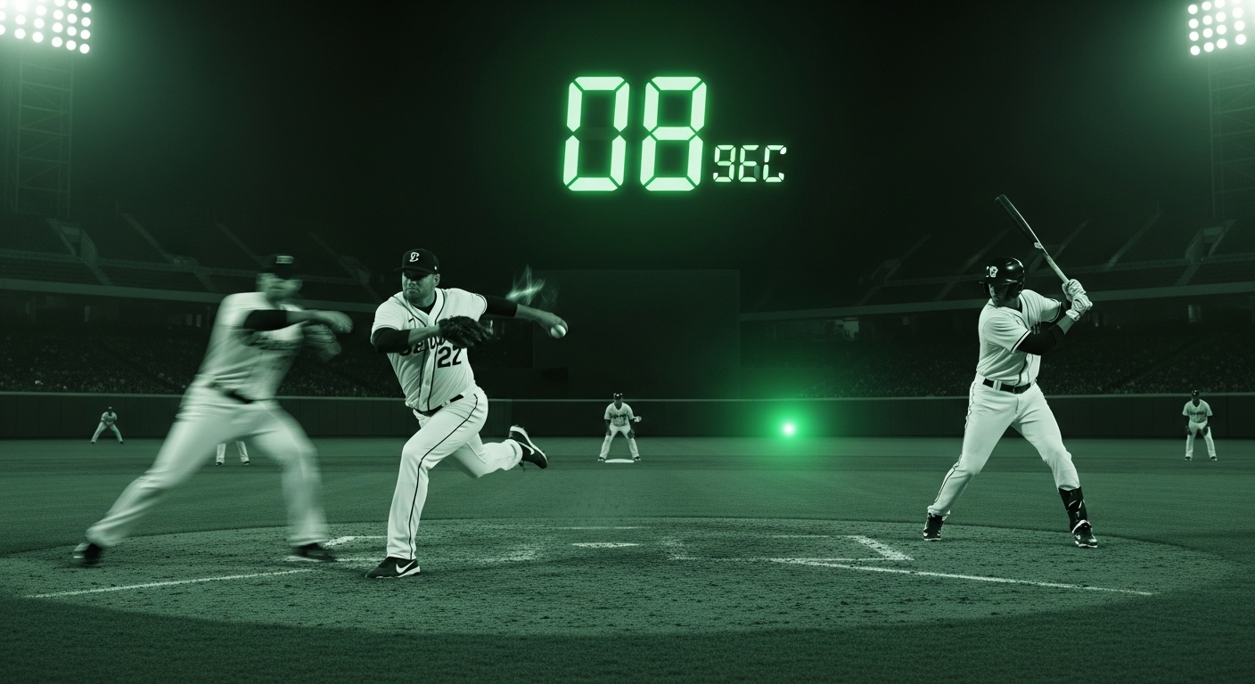 피치 클록이 작동하는 야구 경기 장면. 투구 시간을 나타내는 시계가 배경에 강조되어 있다.