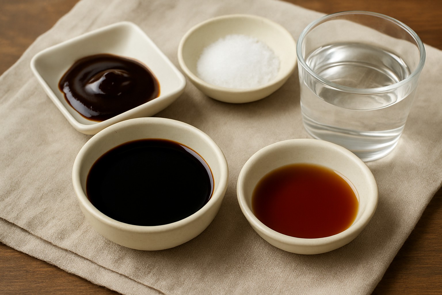 굴소스, 물, 설탕,액젓,을 담은 그릇과 유리켭이 흰 배경에 놓인 장면