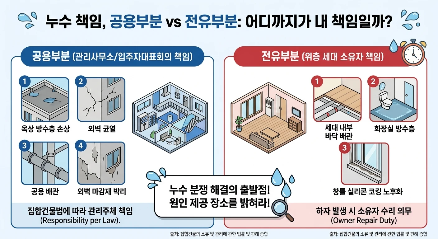 누수 원인의 구분: 공용부분 vs 전유부분 책임소재 (ai를 이용한 이미지)