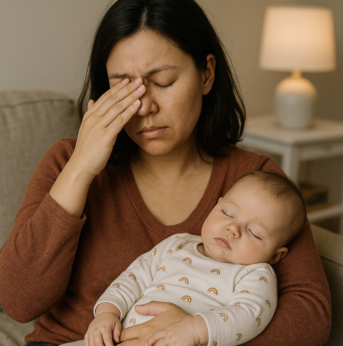 육아맘 눈 건강 관리 관련 이미지 (수면부족, 스트레스로 눈 피로를 느끼는 여성)