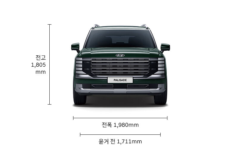 디올뉴 팰리세이드 제원 정보. 전고 1,805mm, 전폭 1,980mm, 윤거 전 1,711mm
