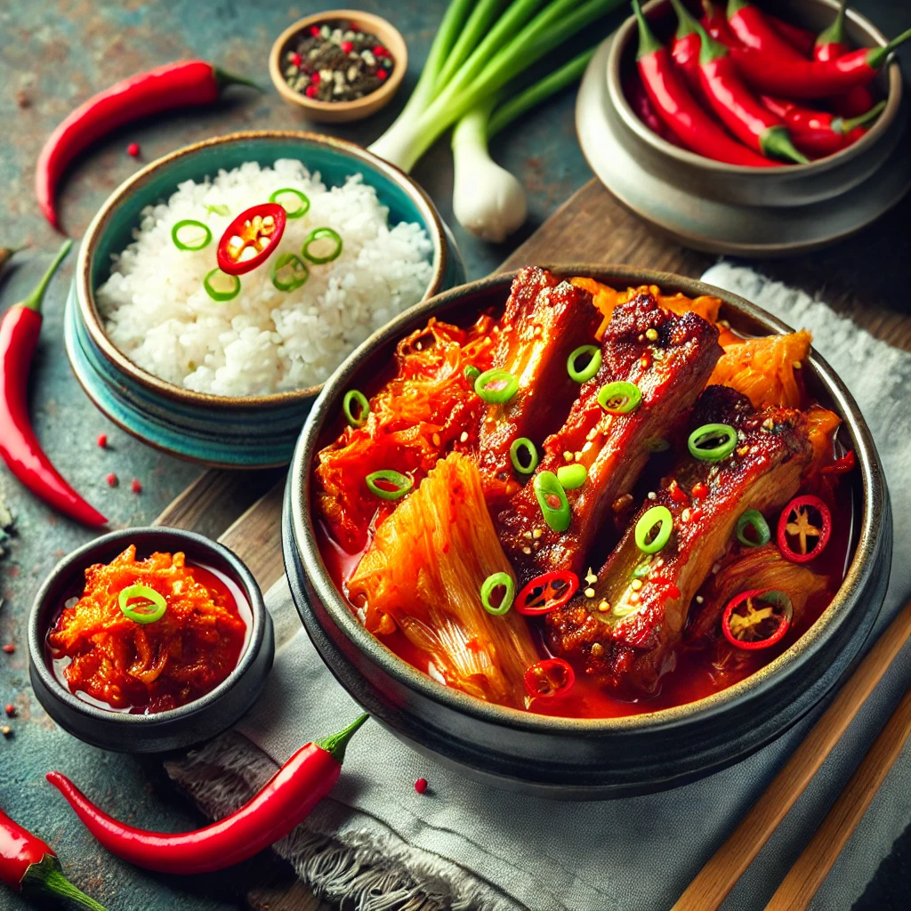 매운 돼지갈비 김치찜 완성 요리, 김이 나고 파와 고추로 장식된 모습