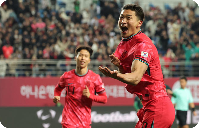 조규성이 14일 대전월드컵경기장에서 열린 남자축구 국가대표 A매치 평가전 대한민국과 볼리비아의 경기에서 골을 넣은 뒤 환호하고 있다. [사진=연합뉴스]