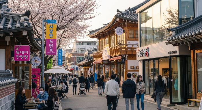 수원 행궁동 건축물 거리의 풍경. 개조된 한옥 건물들이 현대적인 카페와 갤러리로 변모하여 과거와 현재가 공존하는 모습을 보여준다.