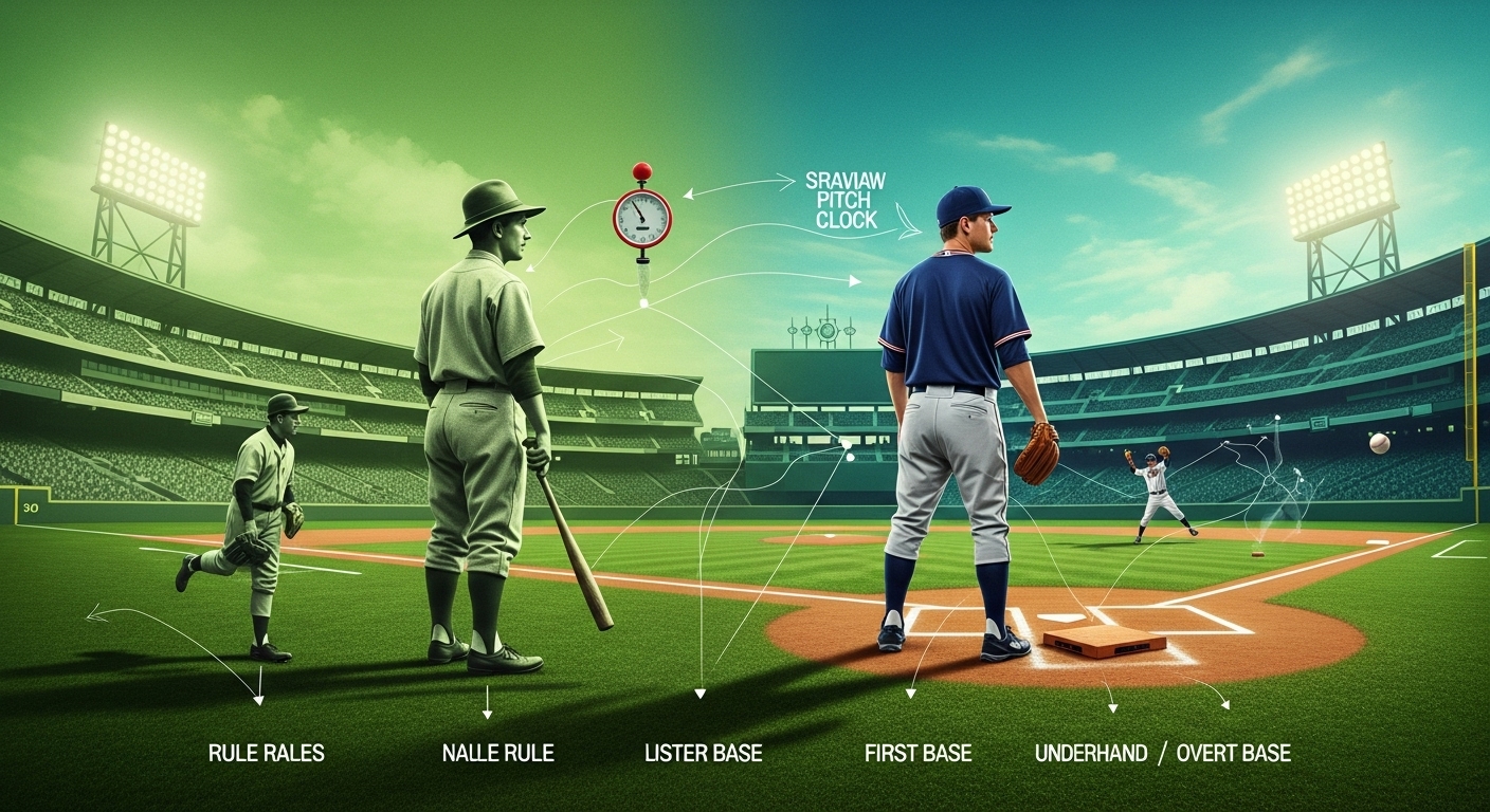 야구 규칙의 역사적 변화를 보여주는 이미지. 빈티지 선수와 현대 선수가 함께 있는 모습, 시간의 흐름과 규칙의 진화를 상징.