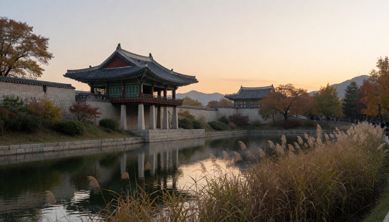 노을 아래 연못과 성곽 옆에 자리한 전통 정자