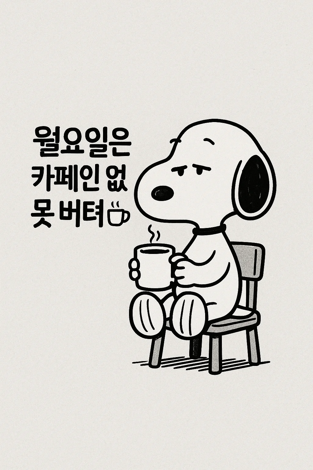 챗GPT 사진 변환 종류 5가지와 포맷 변경 꿀팁, 심플한 흑백 만화풍, 스누피 같은 강아지 캐릭터가 작은 의자에 앉아 커피를 마시고 있다. 옆에 한국어 멘트: "월요일은 카페인 없인 못 버텨