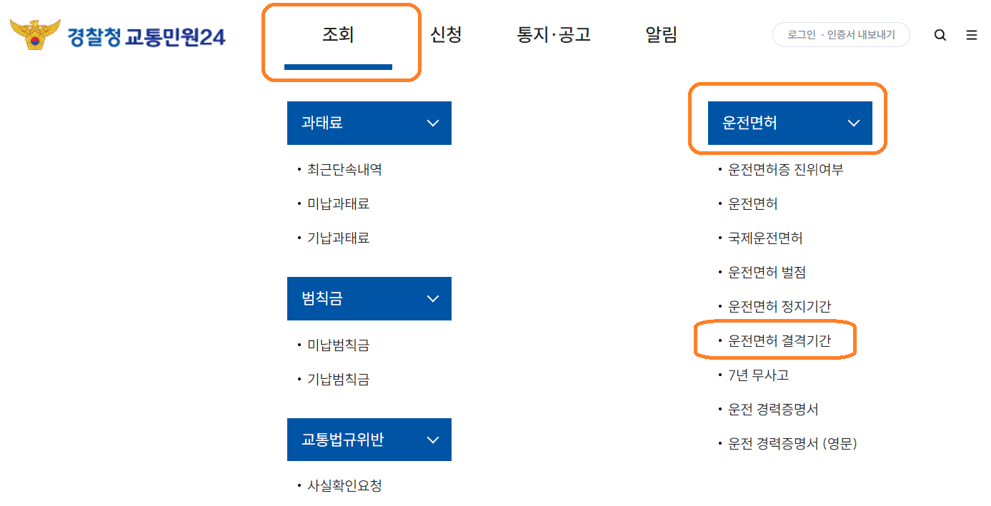 운전면허-결격기간-조회방법-경찰청교통민원24-운전면허결격기간메뉴