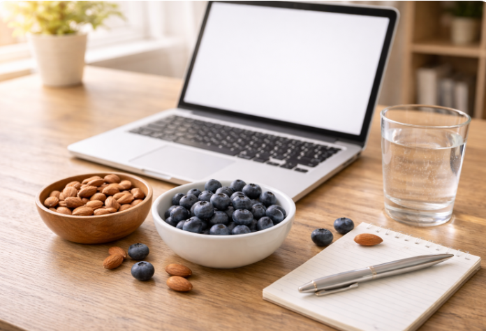 노트북 옆 블루베리와 아몬드 간식이 놓인 집중력 관리 식사 장면