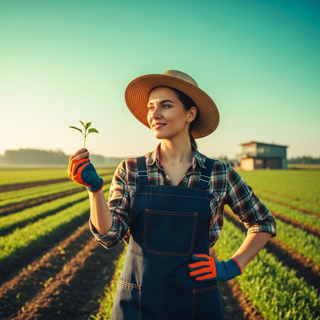 푸른 농지에서 새싹을 들고 희망찬 표정으로 서 있는 젊은 농업인의 모습