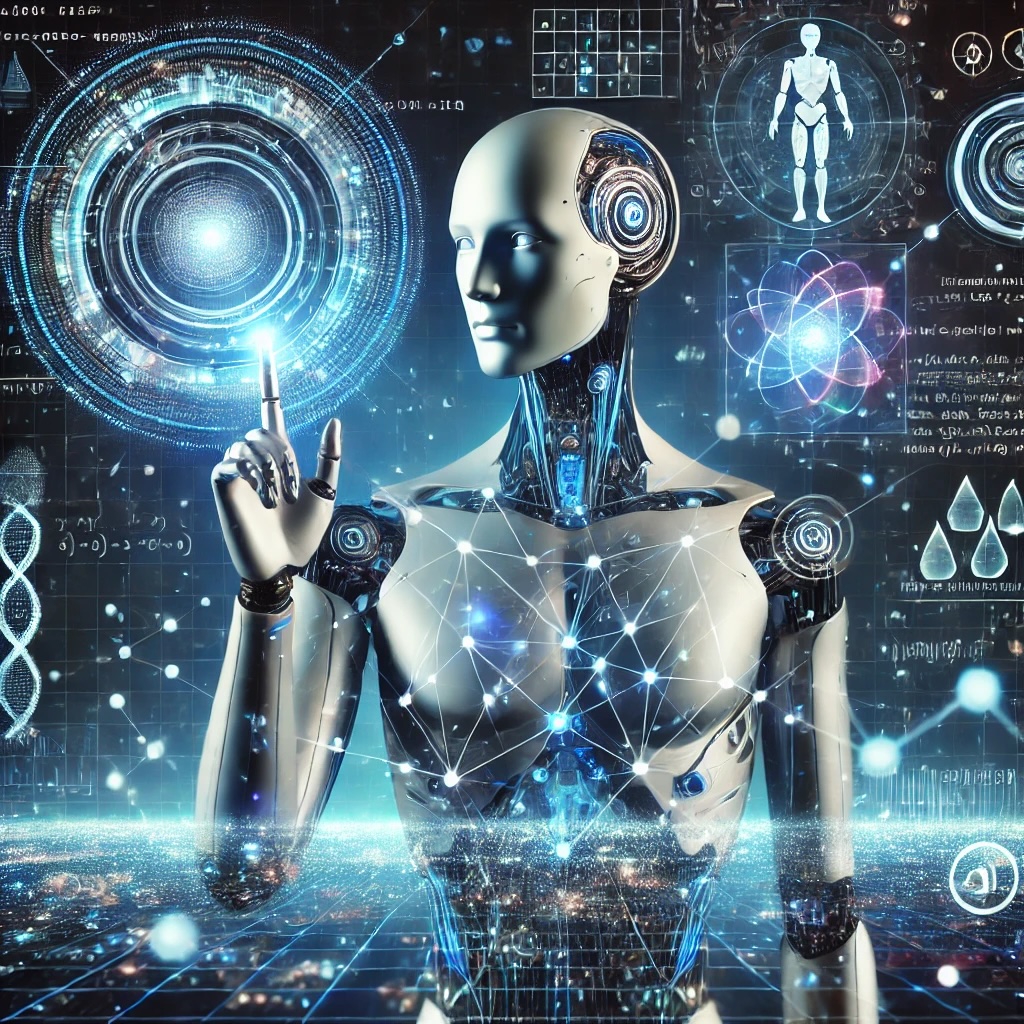 대규모 언어 모델(LLM)의 개념을 설명하는 미래지향적 AI 개념 아트, 신경망과 데이터 흐름을 시각적으로 표현한 이미지