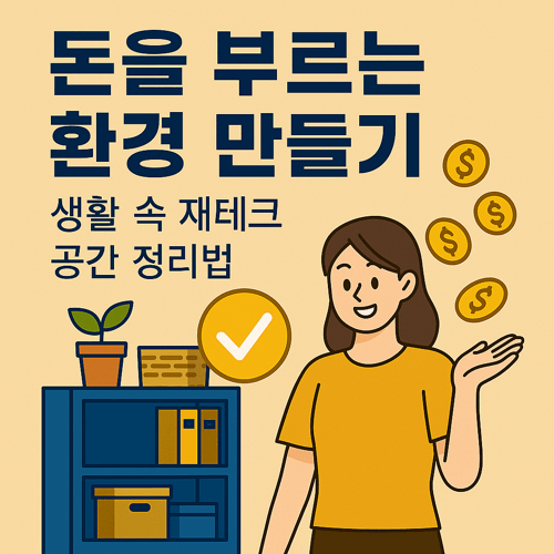 돈을 부르는 환경을 만들기 위한 생활 속 재테크 공간 정리법을 설명하는 썸네일 이미지로, 정돈된 선반, 체크 아이콘, 화분, 금화를 던지는 여성 캐릭터가 포함된 정리와 재정관리 일러스트