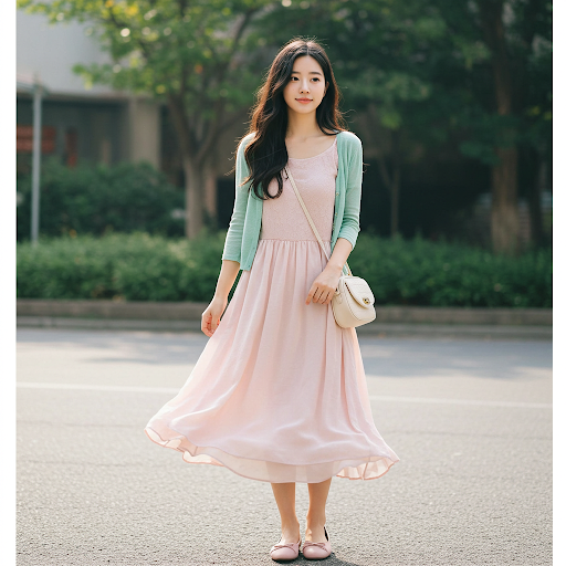 벚꽃이 만개한 나무 아래에서 플로럴 패턴의 롱 원피스를 입고 햇살을 즐기는 여성의 모습입니다. 은은한 미소를 짓고 있으며, 베이지색 가디건을 어깨에 걸치고 발목이 드러나는 흰색 플랫슈즈를 신어 여성스러움을 강조했습니다.