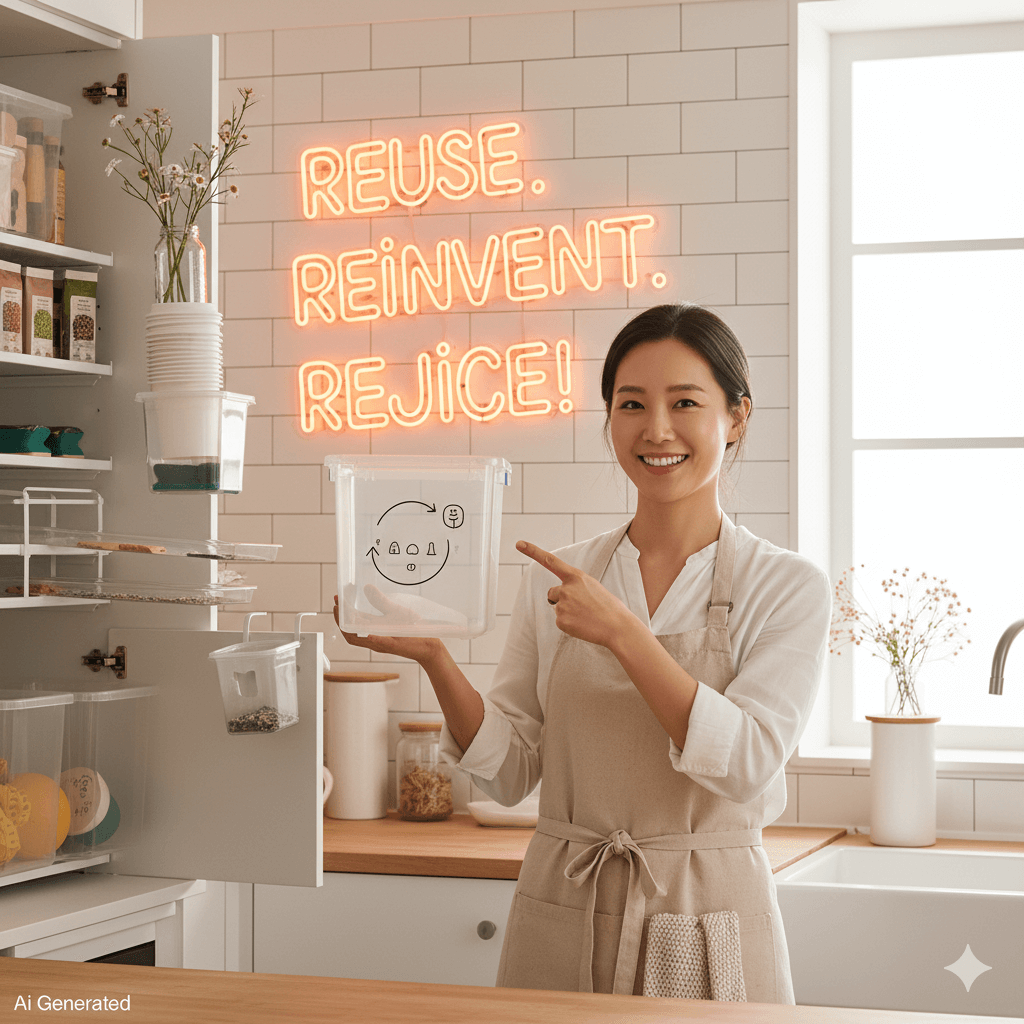 일회용 플라스틱 용기를 재활용하여 주방 수납장 문에 부착한 알뜰한 살림 전문가의 모습