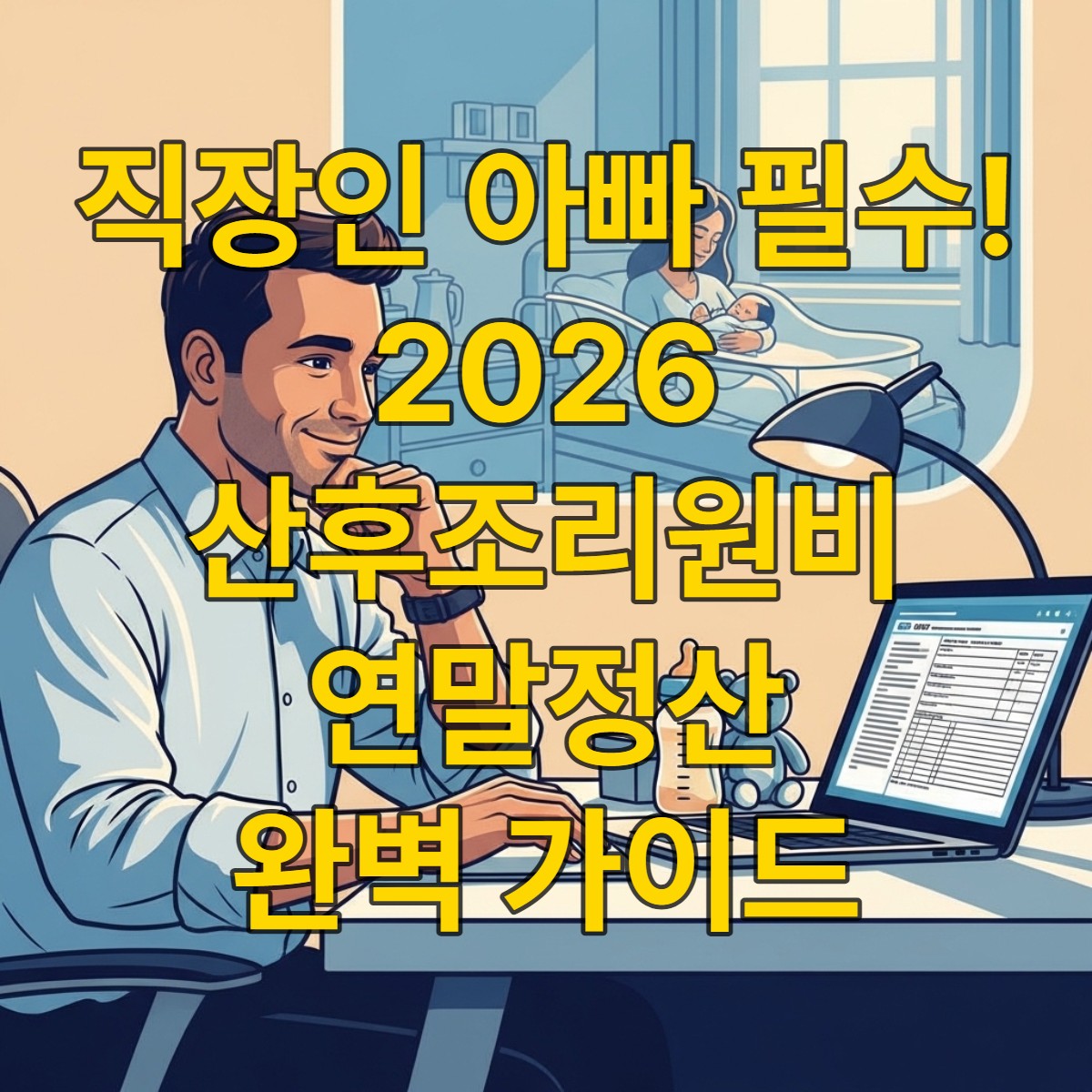 직장인 아빠가 노트북으로 연말정산 서류를 검토하며 산후조리원비 공제를 준비하는 모습
