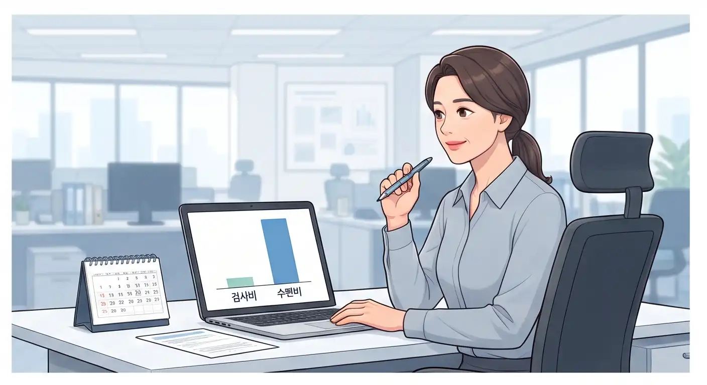 사무실에서 노트북에 표시된 검사비와 수면비 그래프를 보며 생각에 잠긴 직장인 여성의 모습