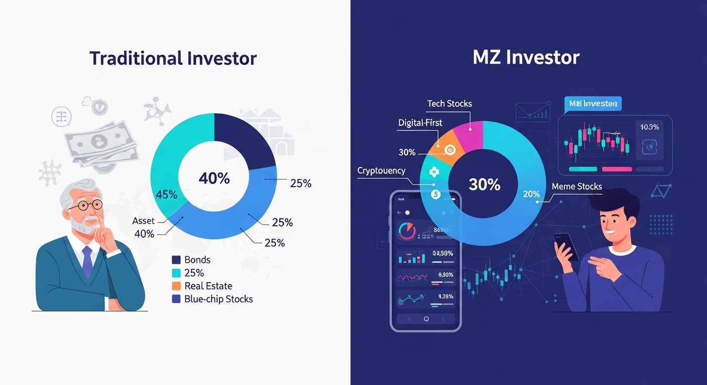전통 투자자와 MZ세대 투자자의 자산 배분 및 투자 방식 차이를 보여주는 인포그래픽