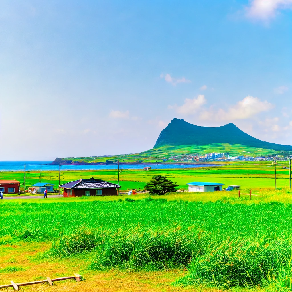 제주도 성산일출봉과 푸른 들판, 전통 건물과 바다가 어우러진 관광 명소 풍경