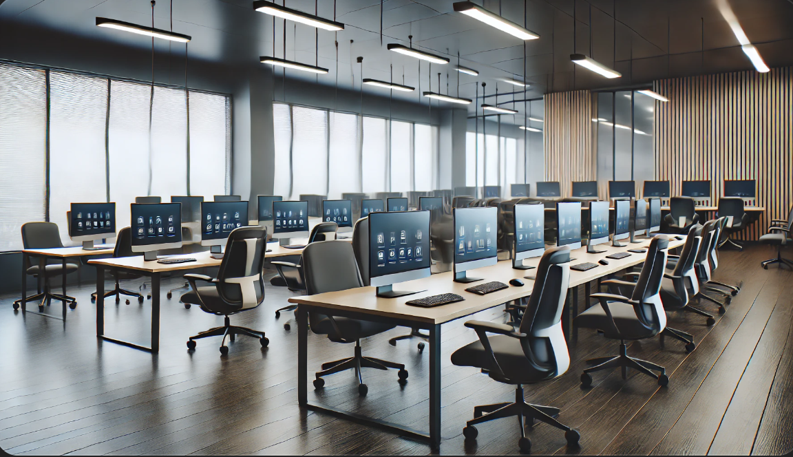 현대적인 교육용 컴퓨터실, 직원 교육 세션을 위해 디자인된 공간으로, 에르고노믹 의자와 컴퓨터가 줄지어 배치되어 있습니다. 큰 창문을 통해 자연광이 들어와 밝고 전문적인 분위기를 제공합니다.