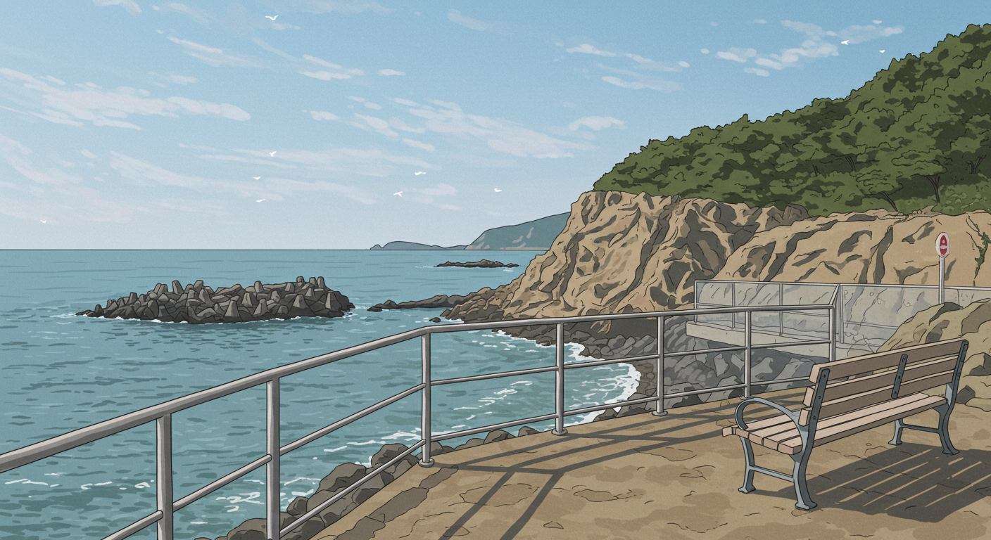 해운대 철길 방파제, 바위 전망대, 해안 쉼터 벤치 등 조용한 바다 포토존 일러스트