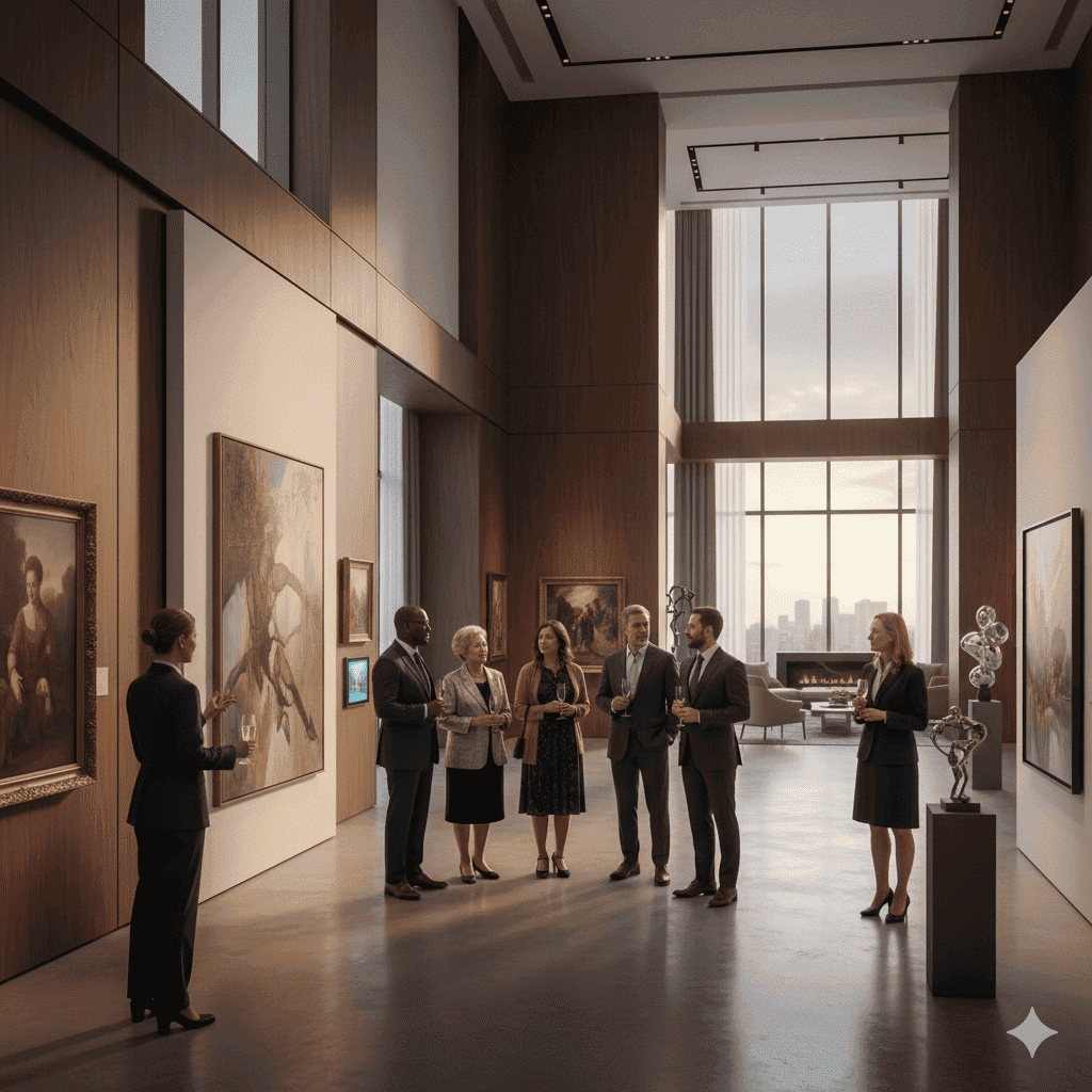 하이엔드 아파트 내 위치한 프라이빗 갤러리에서 전문가의 안내를 받으며 예술 작품을 감상하는 입주민들의 모습