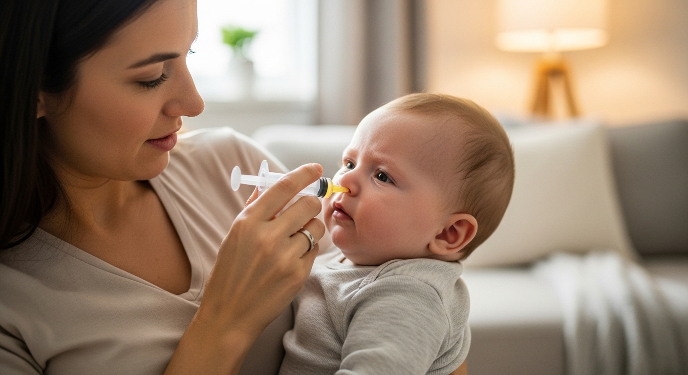 부모가 아기의 코막힘을 완화하기 위해 조심스럽게 콧물 흡입기를 사용하는 모습.