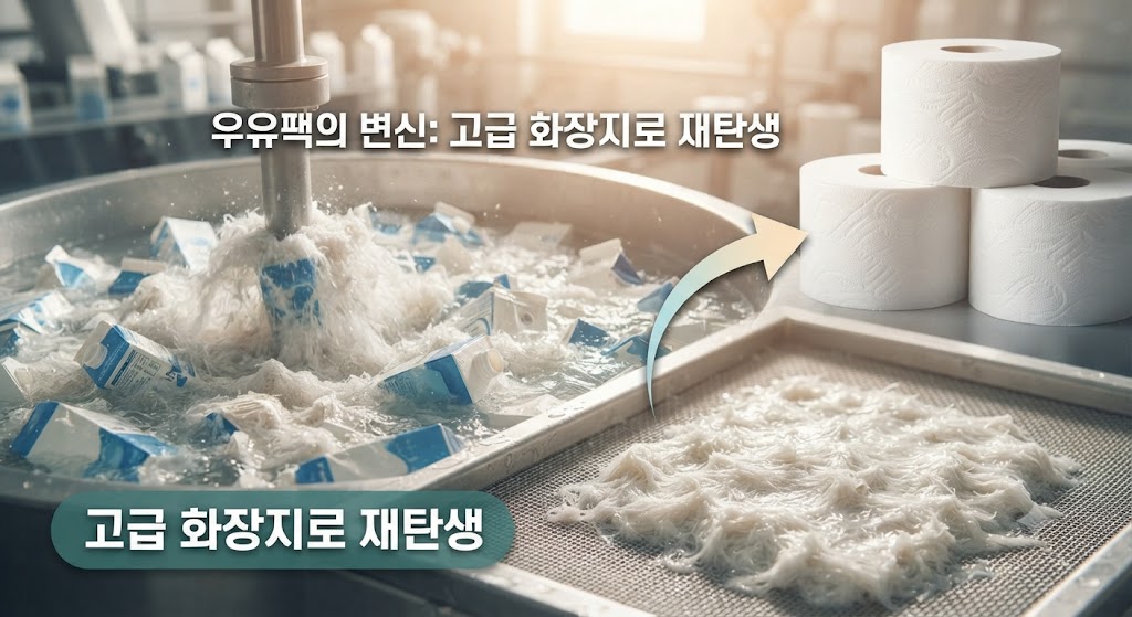 희망적인 소식입니다. 올바르게 분리배출된 우유팩이 어떻게 자원 순환되는지 보여줍니다. 해리 공정을 거쳐 깨끗한 펄프로 변신하고, 이것이 다시 고급 화장지(두루마리 휴지)로 재탄생하는 과정을 따뜻한 톤으로 담았습니다.