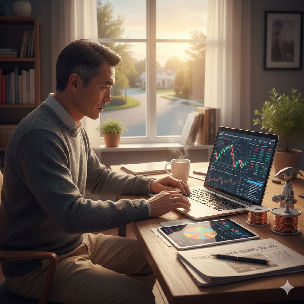 중년 남성이 집무실 책상에서 노트북으로 주식 차트와 금융 데이터를 분석하며 커피를 마시는 집중된 모습