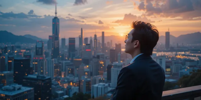 고층 건물에서 도시를 내려다보며 올해 운세와 계획을 떠올리는 비즈니스맨