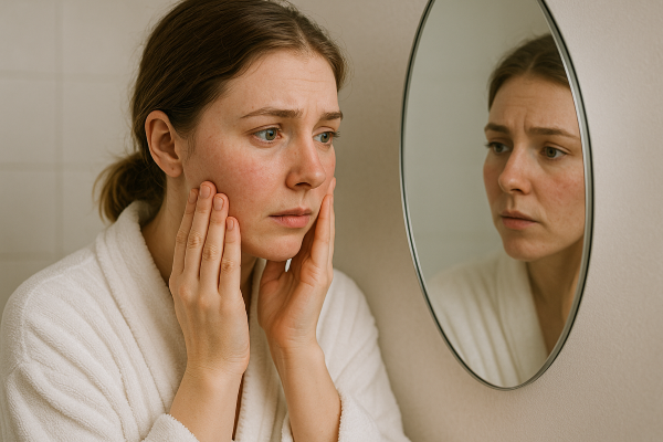 "세안 후 거울을 바라보며 피부 상태를 살피는 민감성 피부의 여성"