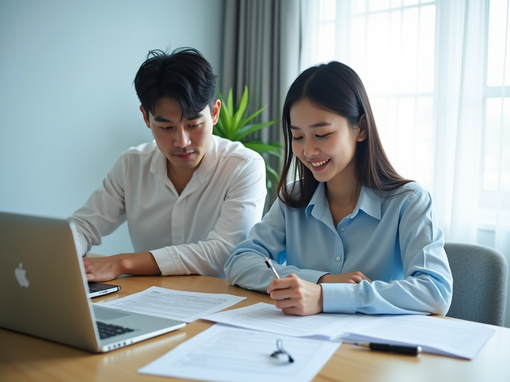 신혼부부가 전세자금 대출 서류를 검토하는 모습
