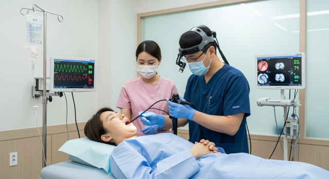 병원에서 내시경 검사를 받는 한국인