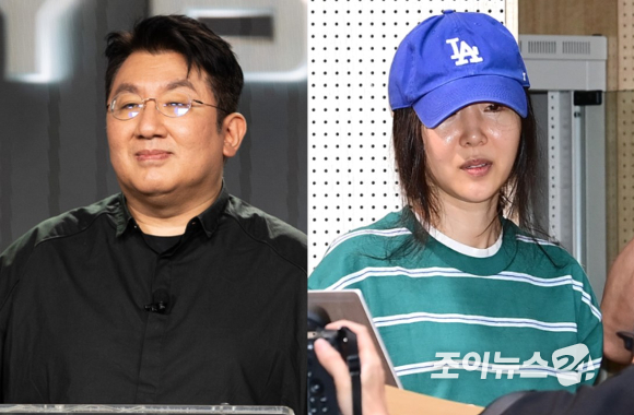 방시혁 하이브 의장(왼쪽), 민희진 어도어 대표 [사진=하이브, 정소희 기자]