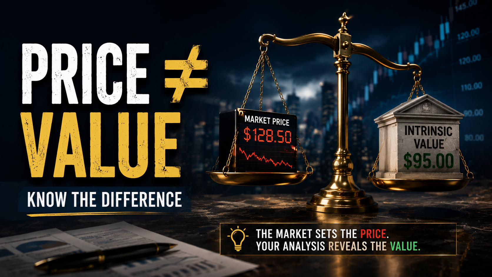 Comparison of market price and intrinsic value showing the difference between stock price fluctuations and true business value.