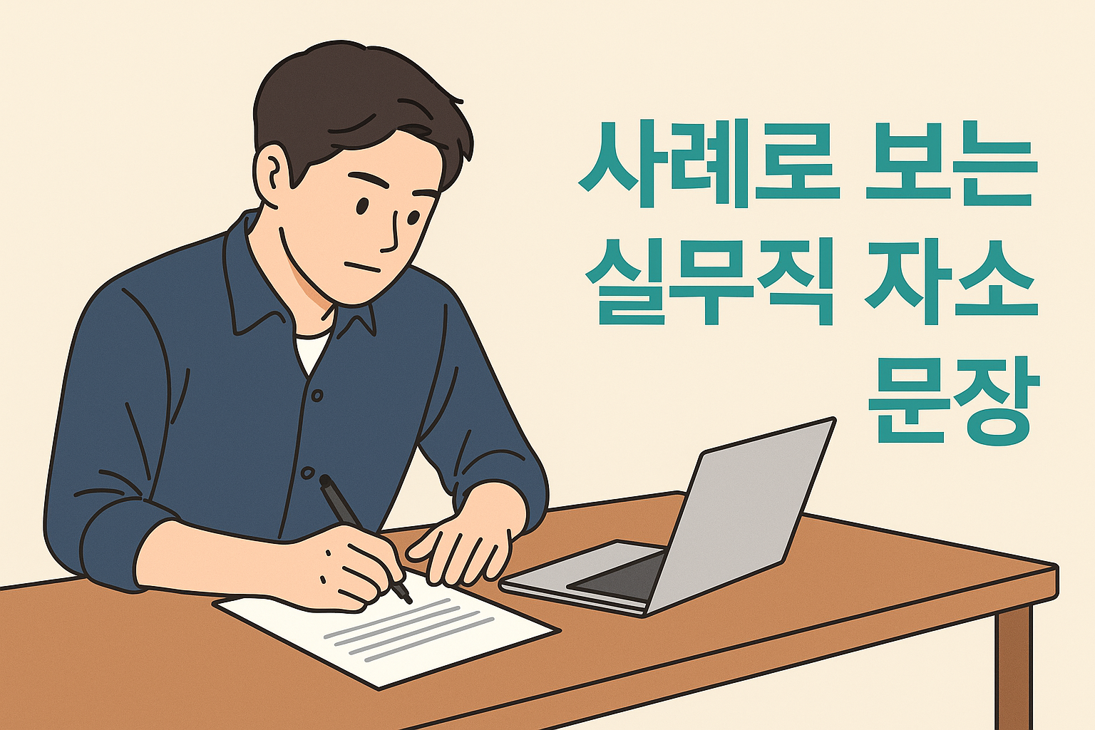 책상에 앉아 자소서를 작성하는 젊은 남성과 노트북 일러스트, 오른쪽에 '사례로 보는 실무직 자소서 문장' 텍스트가 있는 썸네일 이미지