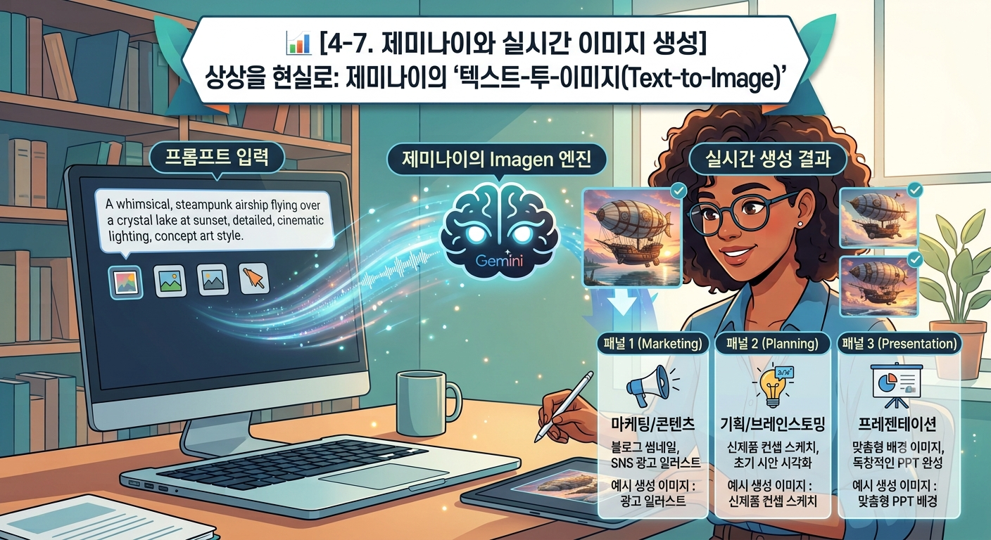 제미나이의 텍스트-투-이미지(Text-to-Image) 기능을 보여주는 인포그래픽. 대형 모니터에 '해 질 녘 수정 호수 위를 나는 기발한 스팀펑크 비행선'이라는 영문 프롬프트를 입력하자, 중앙의 Imagen 엔진을 거쳐 실시간으로 고품질의 생성 결과물들이 나타납니다. 우측에는 생성된 이미지들이 마케팅(블로그/SNS 광고), 기획(컨셉 스케치), 프레젠테이션(맞춤형 PPT 배경) 용도로 나뉘어 패널 형태로 정리되어 있습니다.