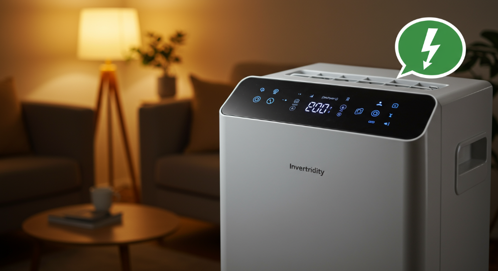 쾌적한 거실에서 조용히 작동하며 전기세를 절약하는 인버터 제습기. 디지털 디스플레이에 낮은 습도가 표시되고, 전기 절약을 상징하는 번개 모양 아이콘이 나타나 있다.