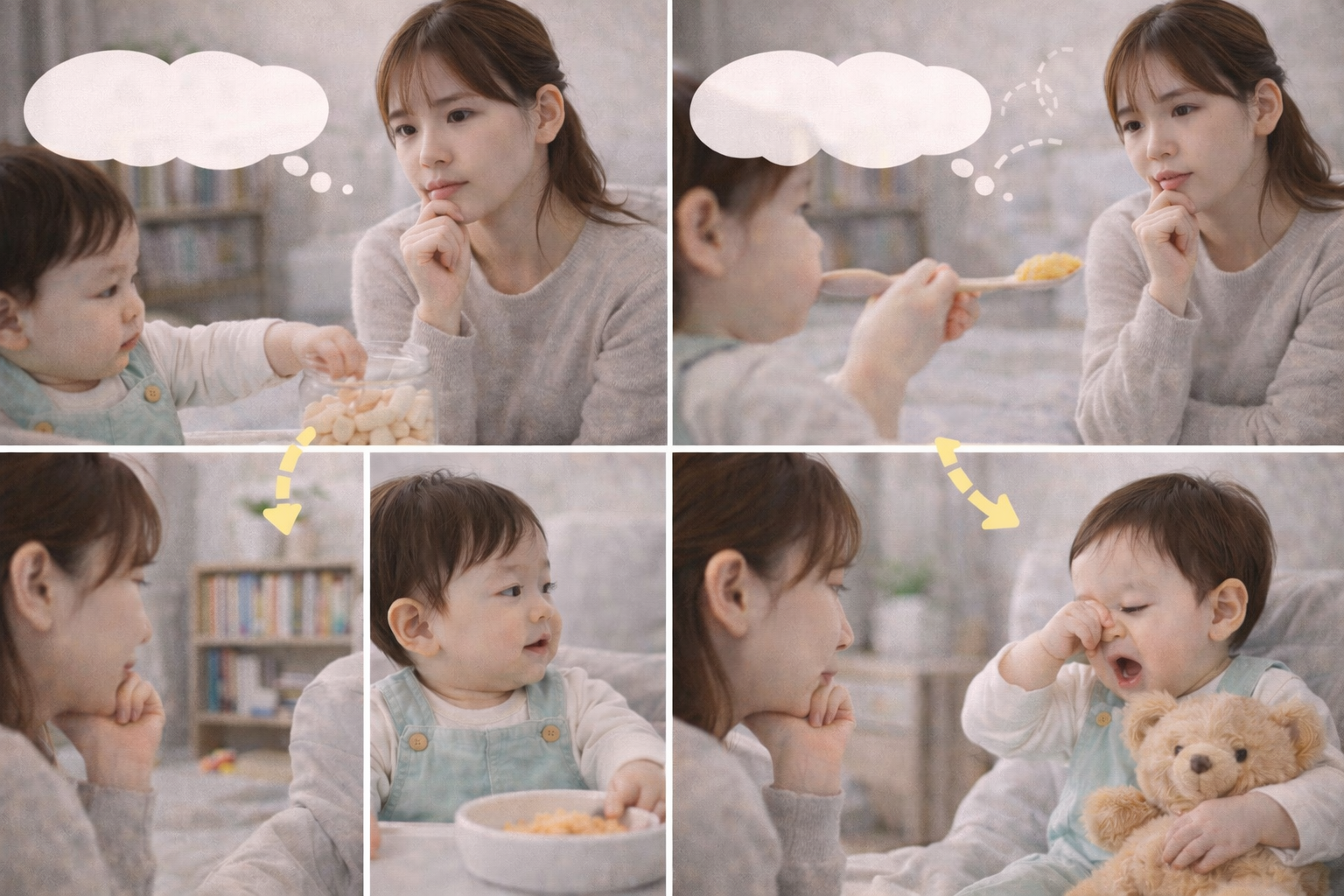 영아전환기 다양한 상황 속에서 아기를 관찰하며 기준을 고민하는 보호자 모습