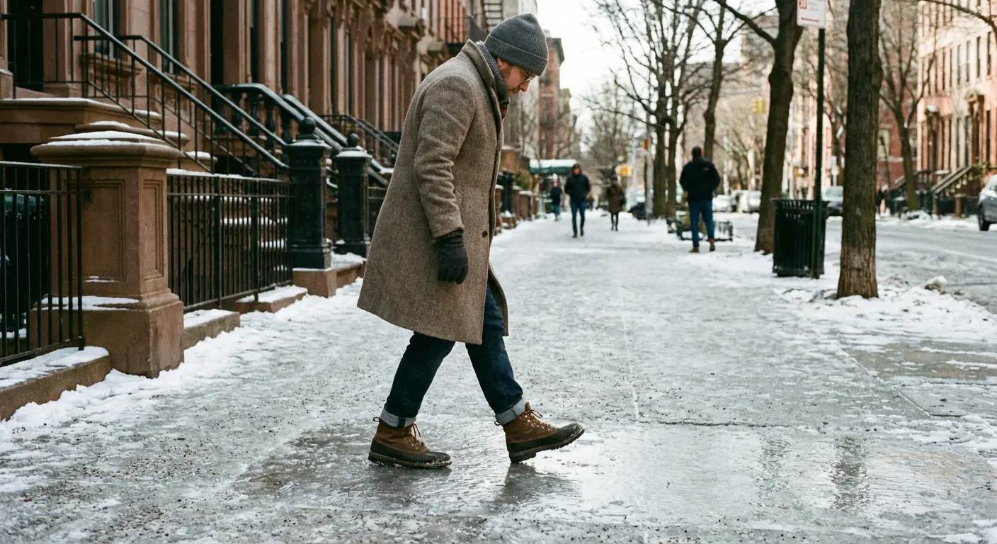 겨울철 얼어붙은 인도에서 보폭을 줄여 조심스럽게 걷는 사람 모습