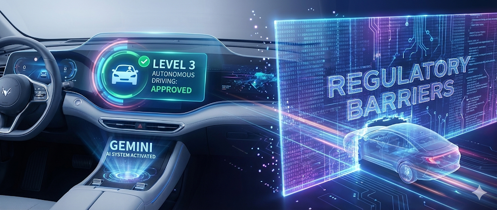 중국 정부의 레벨 3 자율주행 양산 승인 소식과 국내 도입된 중국산 테슬라 모델 Y의 FSD 규제 이슈를 비교 분석한 인포그래픽