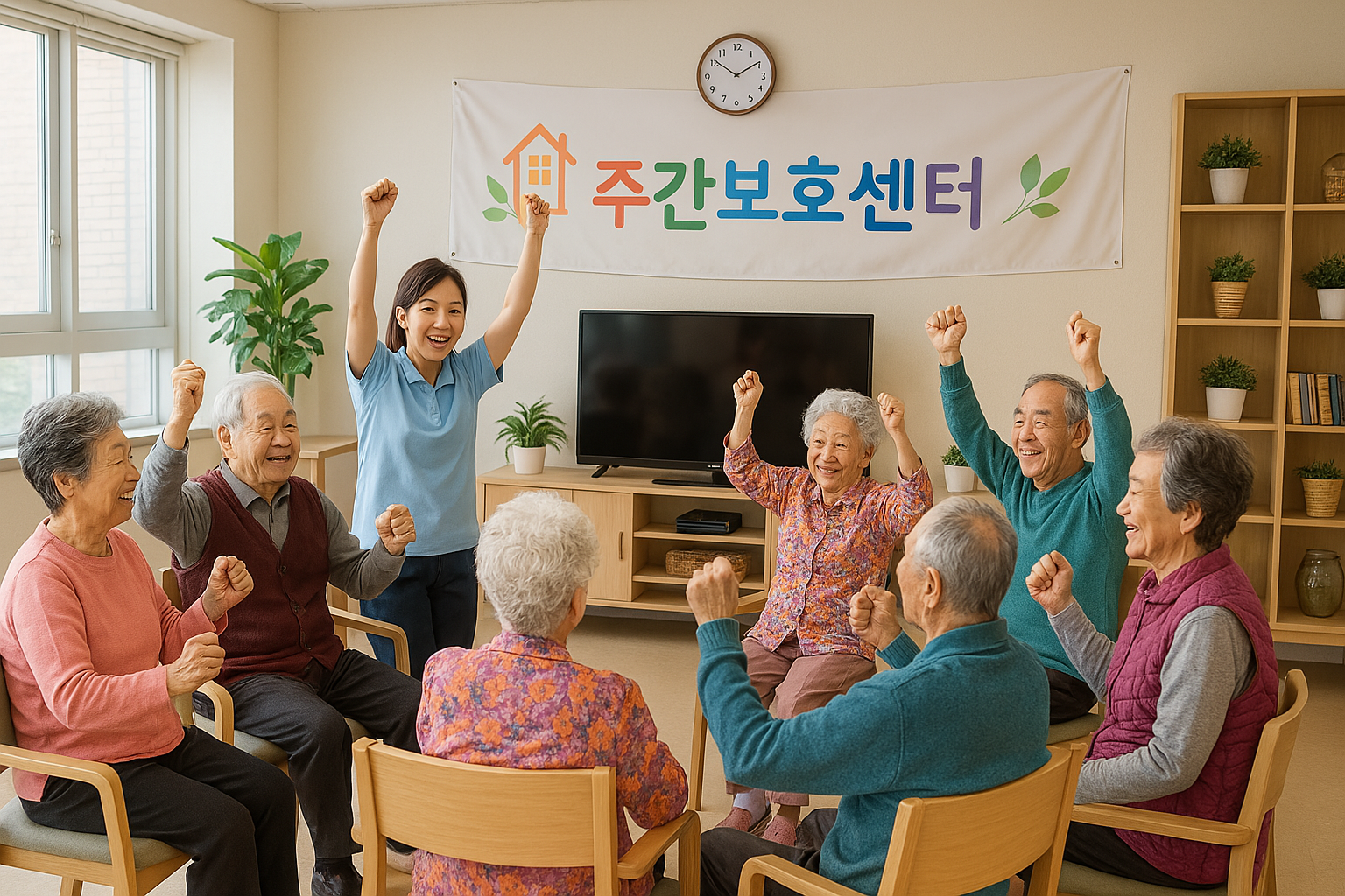 주간보호센터에서 어르신에게 서비스 제공하는 모습