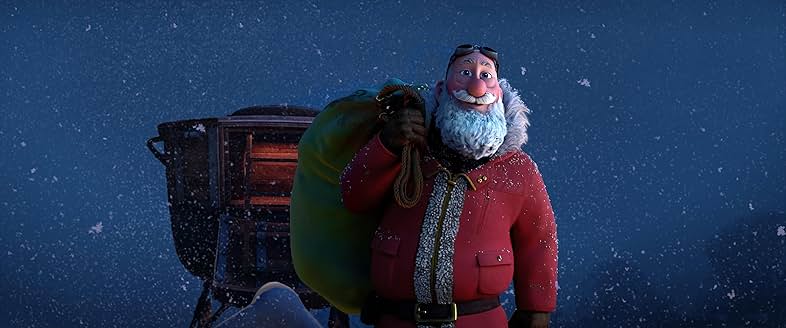 눈 오는 밤, 썰매 앞에서 선물 자루를 든 산타클로스 캐릭터