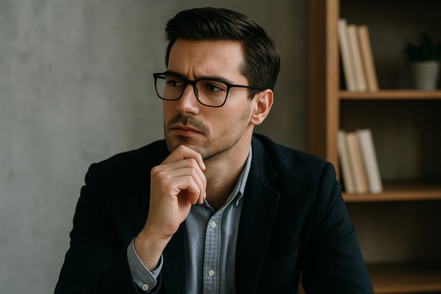 생각에 잠긴 INTJ 남자, 분석적인 표정으로 전략을 고민하는 모습