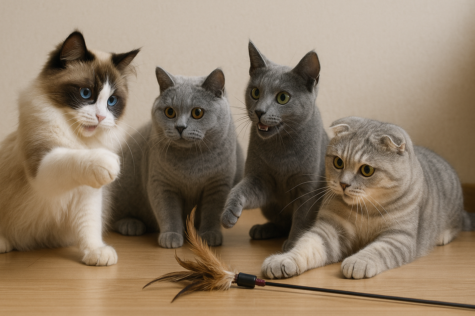 랙돌과 놀고있는 고양이들