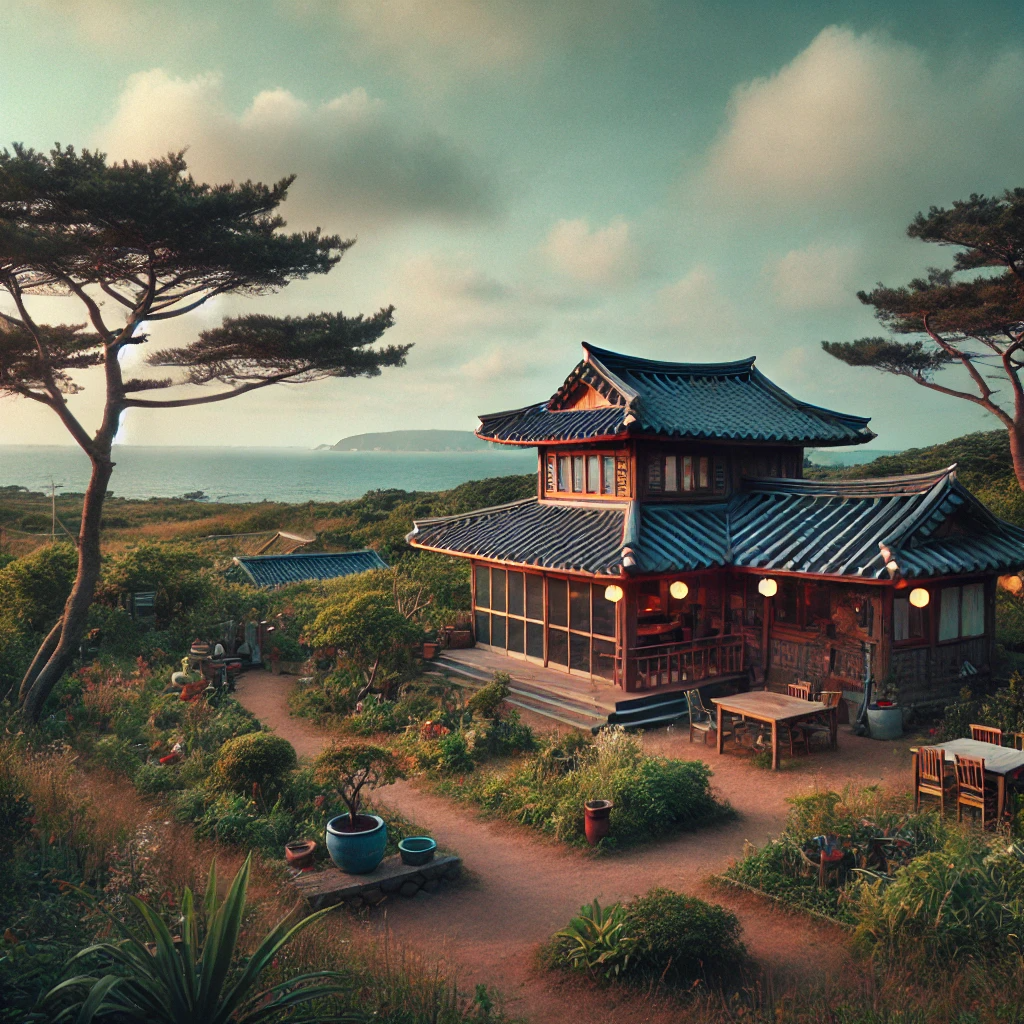 자연에 둘러싸인 제주도 전통 한옥 스타일 펜션의 평화로운 모습.